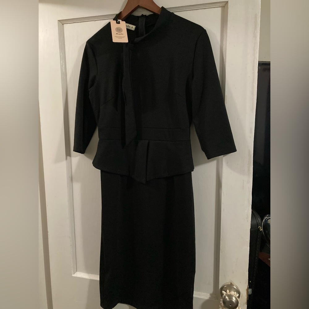 Moyabo medium black peplum dress with tie collar